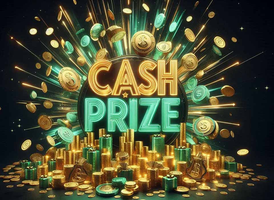 Cinematic hero image for a premium domain sale: a luxurious explosion of golden coins and glowing emerald cash stacks raining down against a deep black background, forming the words “CASH PRIZE” in bold futuristic neon typography.