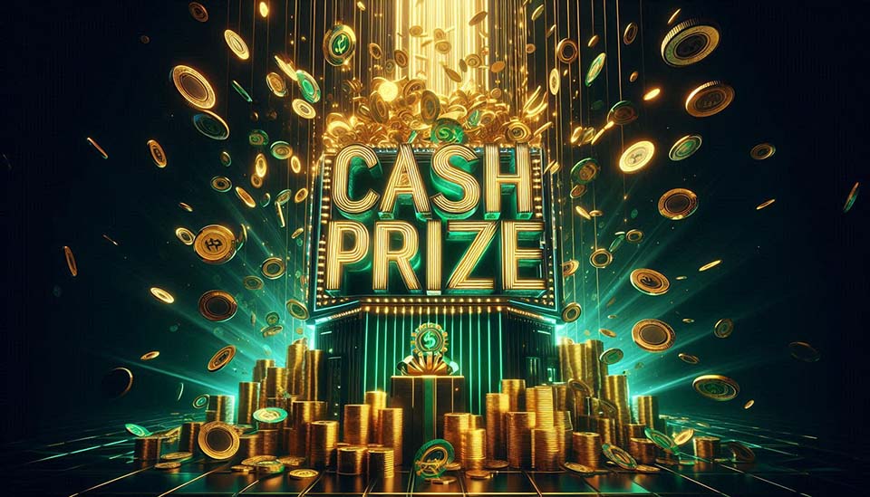 CashPrize.com premium igaming domain for sale. Cinematic hero image for a premium domain sale: a luxurious explosion of golden coins and glowing emerald cash stacks raining down against a deep black background, forming the words “CASH PRIZE” in bold futuristic neon typography.